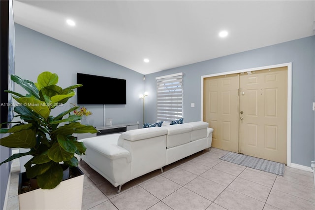 22041 SW 127th Ct, Miami, FL 33170 - living area with vaulted ceiling, light tile patterned flooring, recessed lighting, and baseboards