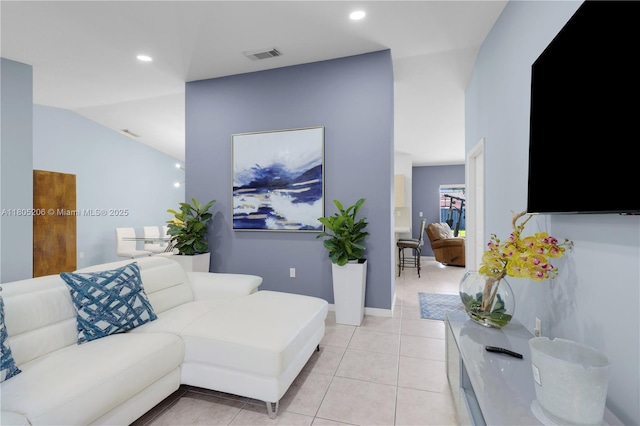 22041 SW 127th Ct, Miami, FL 33170 - living room with light tile patterned flooring, lofted ceiling, and recessed lighting