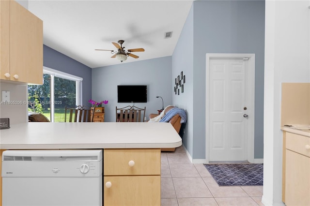 22041 SW 127th Ct, Miami, FL 33170 - kitchen featuring white dishwasher, a peninsula, light brown cabinetry, ceiling fan, and light countertops
