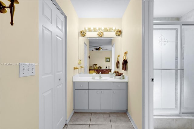 22041 SW 127th Ct, Miami, FL 33170 - ensuite bathroom with ceiling fan, tile patterned flooring, vanity, a shower with door, and a closet