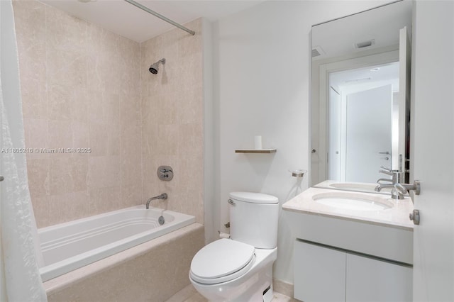 full bath with toilet, shower / bathtub combination with curtain, and vanity