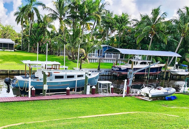 dock featuring boat lift, a water view, and a yard