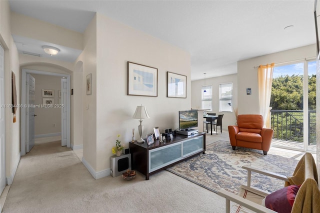 9021 SW 94th St Unit 306, Miami, FL 33176 - living area featuring light colored carpet, baseboards, and arched walkways