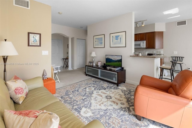9021 SW 94th St Unit 306, Miami, FL 33176 - living area with arched walkways, light colored carpet, decorative columns, rail lighting, and baseboards