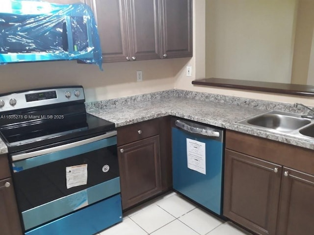 2731 SE 17th Ave Unit 207, Homestead, FL 33035 - kitchen featuring stainless steel range with electric stovetop, dishwasher, a sink, light tile patterned floors, and light countertops