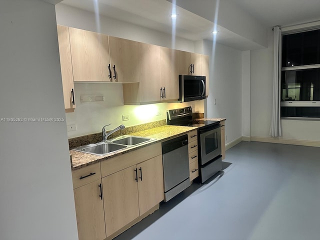 111 E Flagler Unit 702, Miami, FL 33131 - kitchen with stainless steel appliances, a sink, light brown cabinets, finished concrete floors, and light stone counters