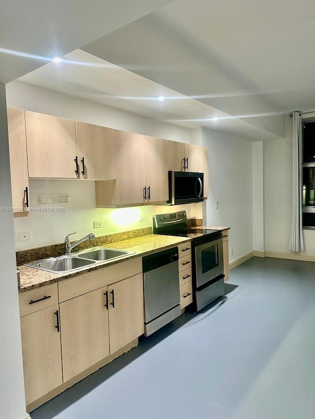 111 E Flagler Unit 702, Miami, FL 33131 - kitchen featuring appliances with stainless steel finishes, a sink, light brown cabinets, concrete flooring, and baseboards