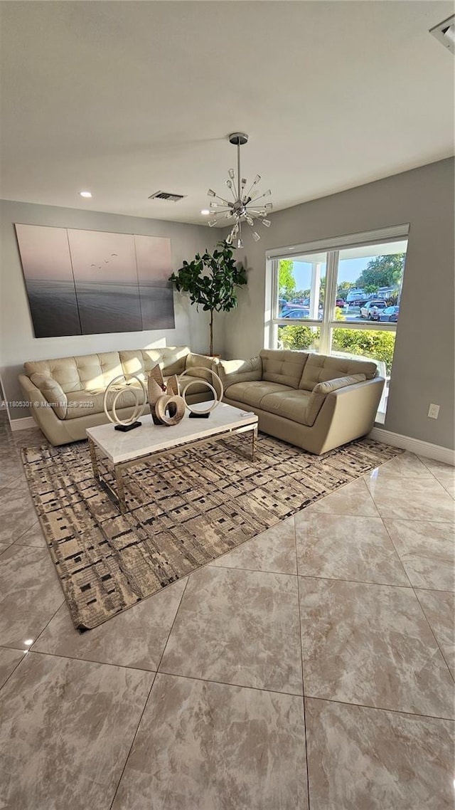 4651 SW 19th St, Fort Lauderdale, FL 33317 - living area featuring baseboards, a chandelier, marble finish flooring, and recessed lighting