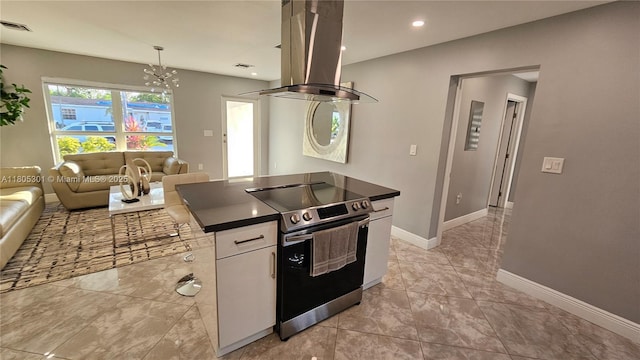 4651 SW 19th St, Fort Lauderdale, FL 33317 - kitchen with stainless steel electric range oven, island range hood, dark countertops, open floor plan, and baseboards