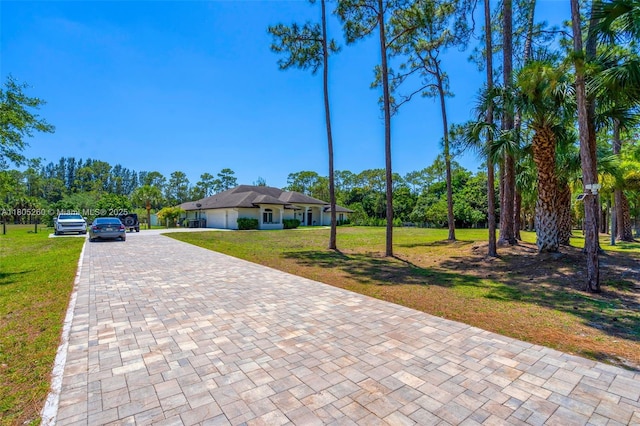 view of front of house with an attached garage, a front lawn, and decorative driveway