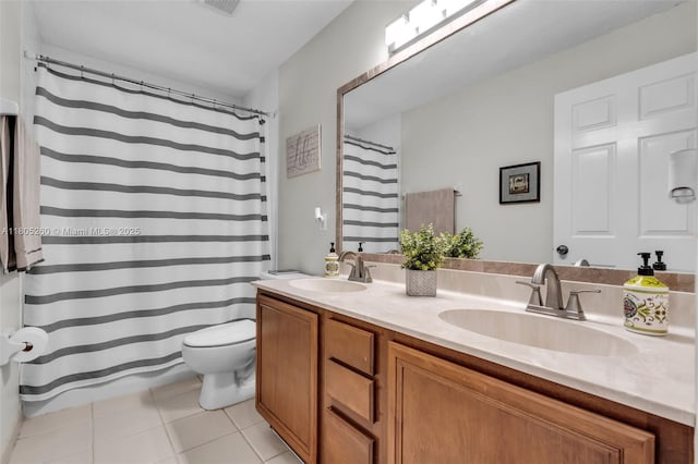 full bathroom featuring tile patterned floors, toilet, and double vanity