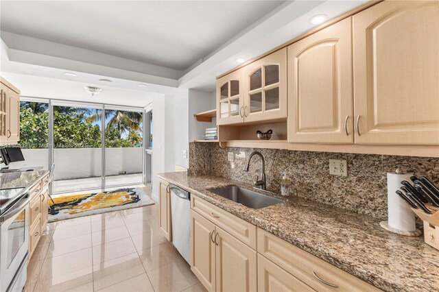 2655 Collins Ave Unit 411, Miami Beach, FL 33140 - kitchen featuring a sink, dishwasher, electric range oven, open shelves, and backsplash