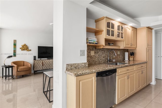 2655 Collins Ave Unit 411, Miami Beach, FL 33140 - kitchen featuring stainless steel dishwasher, a sink, open shelves, light tile patterned flooring, and tasteful backsplash