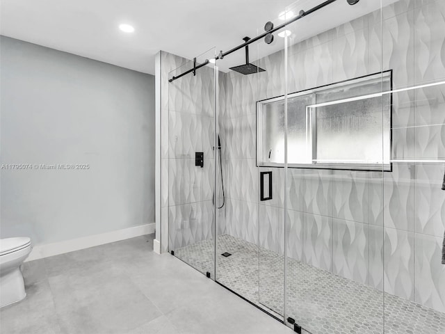 15066 SW 38th Ter, Miami, FL 33185 - full bathroom with a stall shower, toilet, baseboards, finished concrete flooring, and recessed lighting
