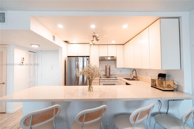 1817 S Ocean Dr Unit 0918, Hallandale Beach, FL 33009 - kitchen with freestanding refrigerator, white range with electric cooktop, a peninsula, under cabinet range hood, and a sink