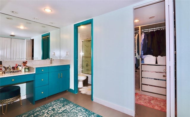 20379 W Country Club Dr Unit 836, Aventura, FL 33180 - bathroom featuring toilet, vanity, a walk in closet, shower / bath combination with glass door, and recessed lighting