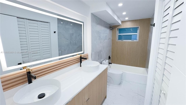 701 Collins Ave Unit 1F, Miami Beach, FL 33139 - bathroom featuring double vanity, recessed lighting, bathing tub / shower combination, marble finish floors, and a closet