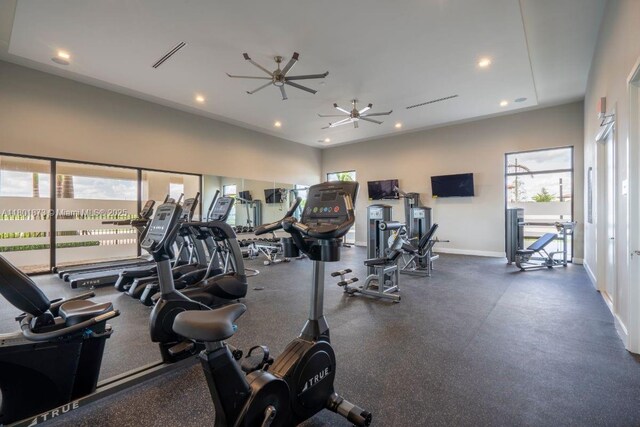 10602 W 33rd Way, Hialeah, FL 33018 - gym with recessed lighting, baseboards, and a ceiling fan
