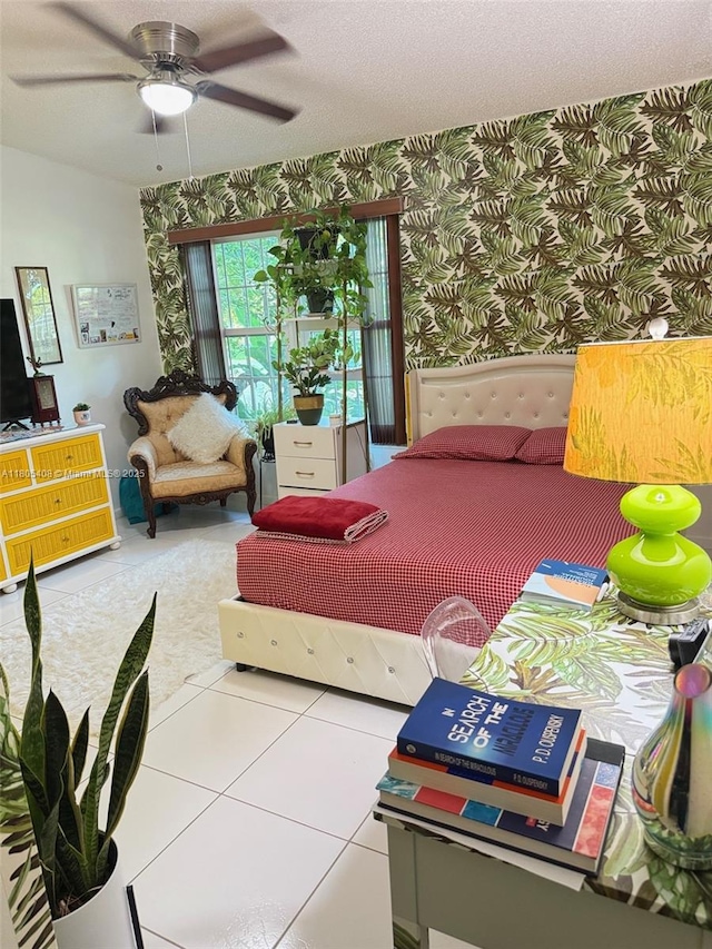 9481 W Elm Ln, Miramar, FL 33025 - tiled bedroom featuring wallpapered walls and a ceiling fan