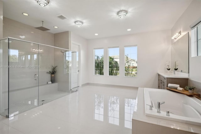 5630 N Sterling Ranch Dr, Davie, FL 33314 - bathroom with a stall shower, a bath, tile patterned flooring, recessed lighting, and vanity