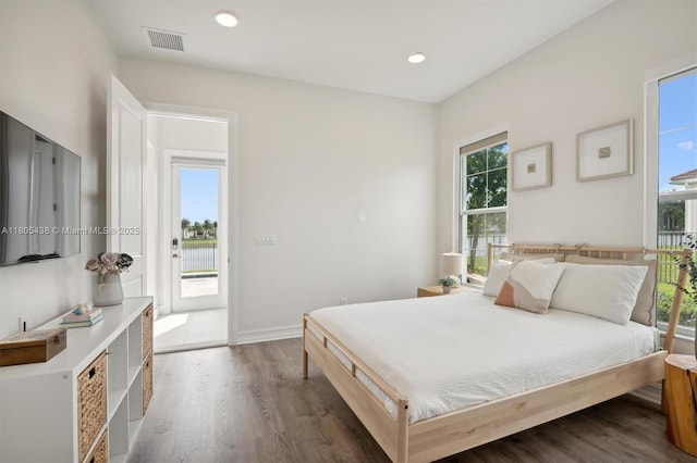 5630 N Sterling Ranch Dr, Davie, FL 33314 - bedroom featuring dark wood finished floors, recessed lighting, access to outside, and baseboards