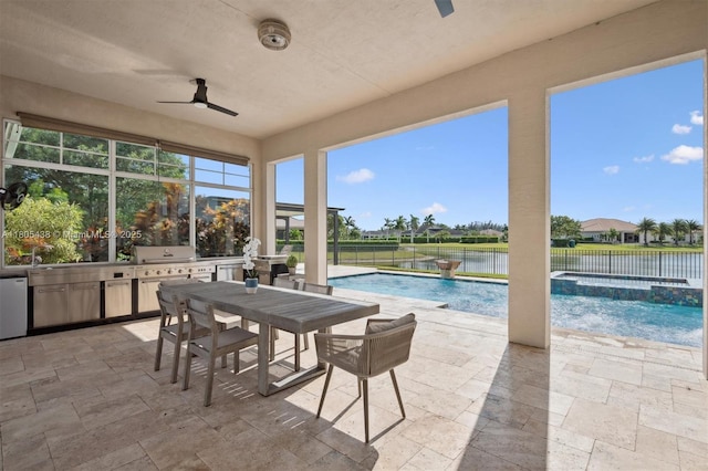 5630 N Sterling Ranch Dr, Davie, FL 33314 - view of pool featuring area for grilling, a ceiling fan, outdoor dining area, a patio, and a fenced backyard