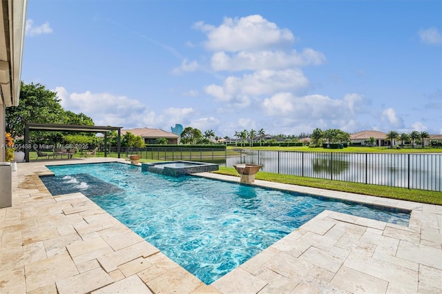 5630 N Sterling Ranch Dr, Davie, FL 33314 - view of swimming pool with a patio, a pool with connected hot tub, a fenced backyard, a water view, and a gazebo