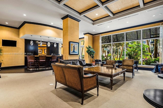 510 NW 84th Ave Unit 303, Plantation, FL 33324 - community lobby featuring ornamental molding, coffered ceiling, recessed lighting, a towering ceiling, and beamed ceiling