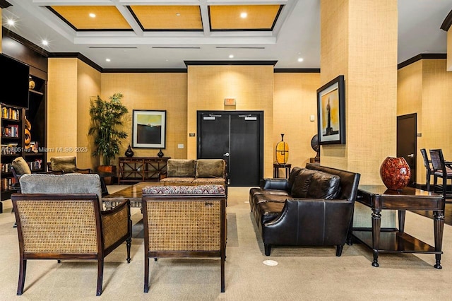 510 NW 84th Ave Unit 303, Plantation, FL 33324 - community lobby featuring ornamental molding, coffered ceiling, recessed lighting, and a towering ceiling