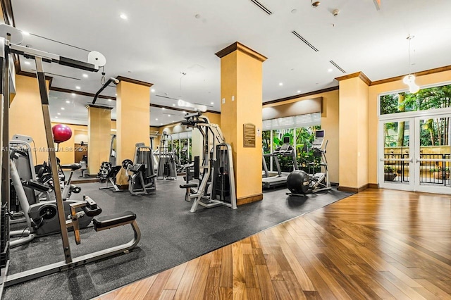 510 NW 84th Ave Unit 303, Plantation, FL 33324 - gym with ornamental molding, hardwood / wood-style floors, recessed lighting, french doors, and baseboards