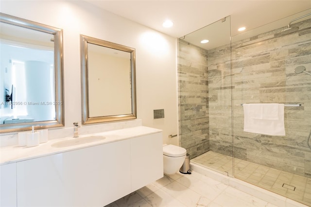 10203 Collins Ave Unit 302, Bal Harbour, FL 33154 - bathroom with vanity, a stall shower, toilet, marble finish flooring, and recessed lighting