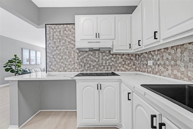 1150 Euclid Ave Unit 305, Miami Beach, FL 33139 - kitchen with under cabinet range hood, black electric stovetop, white cabinets, light wood-style floors, and light countertops