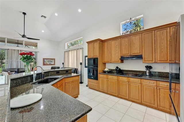 5957 NW 125th Ave, Coral Springs, FL 33076 - kitchen featuring a sink, black appliances, high vaulted ceiling, under cabinet range hood, and light tile patterned floors