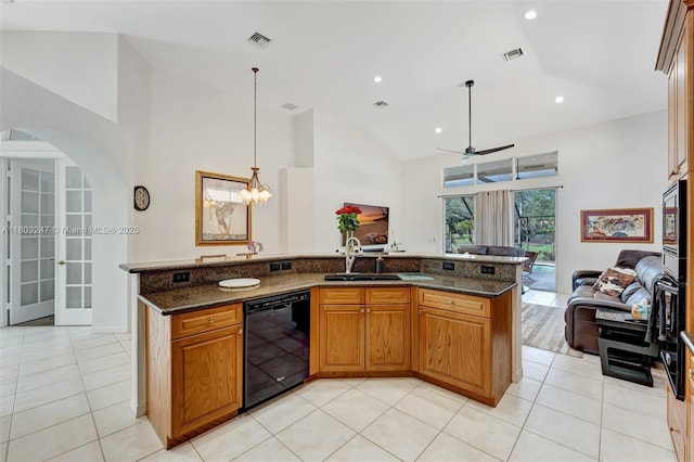 5957 NW 125th Ave, Coral Springs, FL 33076 - kitchen featuring dishwasher, open floor plan, a sink, high vaulted ceiling, and arched walkways
