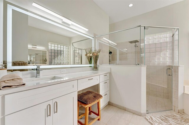 5957 NW 125th Ave, Coral Springs, FL 33076 - bathroom featuring a stall shower, vanity, tile patterned flooring, and recessed lighting