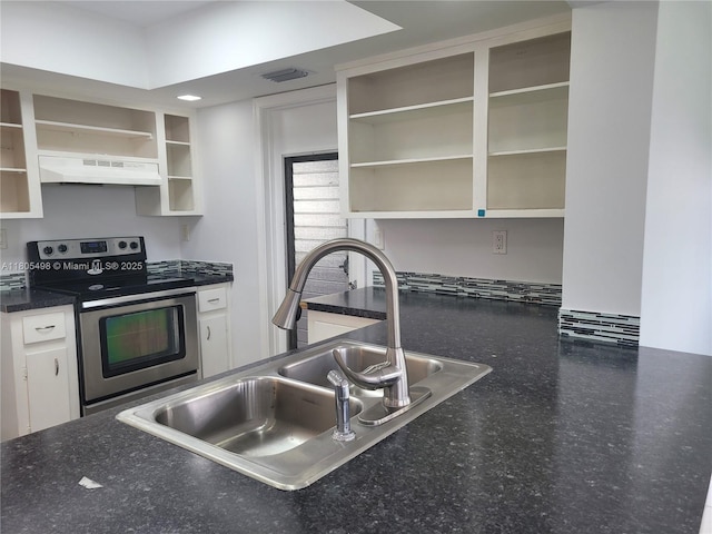 4519 NW 49th Dr, Tamarac, FL 33319 - kitchen featuring open shelves, stainless steel electric range, under cabinet range hood, a sink, and white cabinetry