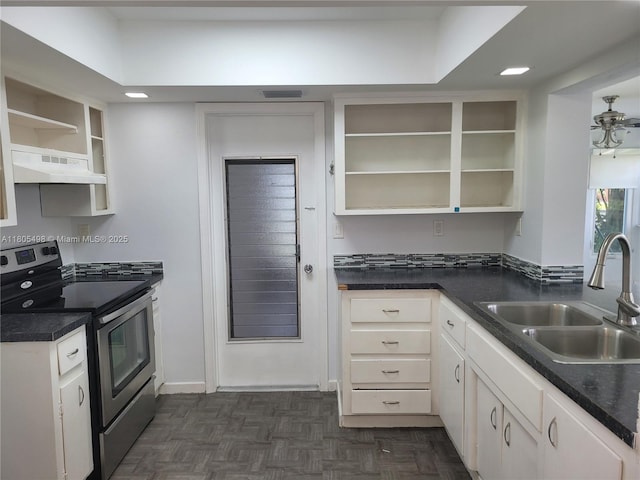 4519 NW 49th Dr, Tamarac, FL 33319 - kitchen featuring open shelves, stainless steel electric range oven, under cabinet range hood, a sink, and dark countertops
