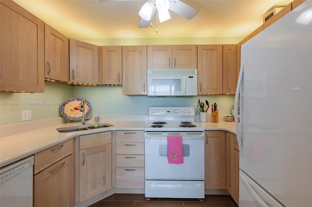 2000 Coco Plum Dr Unit 301, Marathon, FL 33050 - kitchen with white appliances, a sink, light brown cabinets, light countertops, and a ceiling fan