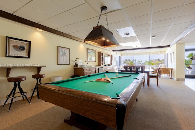 2000 Coco Plum Dr Unit 301, Marathon, FL 33050 - recreation room featuring carpet, a paneled ceiling, billiards table, a sink, and baseboards
