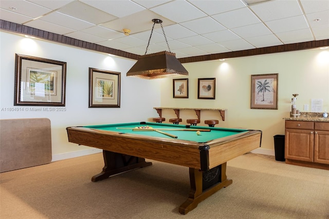 2000 Coco Plum Dr Unit 301, Marathon, FL 33050 - recreation room with light carpet, baseboards, pool table, and a paneled ceiling