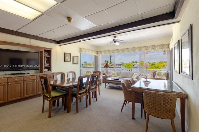 2000 Coco Plum Dr Unit 301, Marathon, FL 33050 - dining space featuring light carpet, a paneled ceiling, and ceiling fan