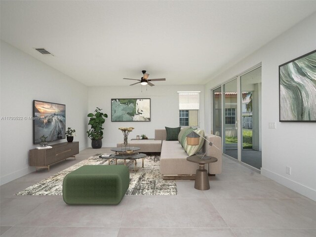 1128 Hidden Valley Way, Weston, FL 33327 - tiled living room with a ceiling fan and baseboards