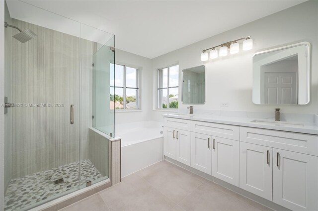 1128 Hidden Valley Way, Weston, FL 33327 - bathroom with a shower stall, a bath, double vanity, and tile patterned flooring