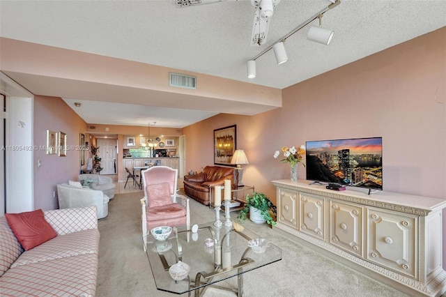 1510 Whitehall Dr Unit 402, Davie, FL 33324 - living room with light carpet, track lighting, and a textured ceiling