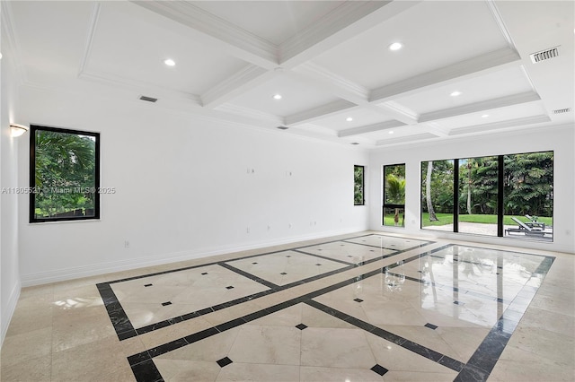 11930 NW 8th St, Plantation, FL 33325 - unfurnished room featuring inlaid floor details, baseboards, crown molding, beam ceiling, and coffered ceiling