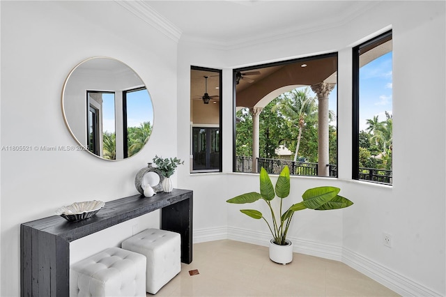11930 NW 8th St, Plantation, FL 33325 - entryway with ceiling fan, baseboards, and ornamental molding