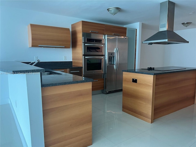 2950 NE 188th St Unit 444, Aventura, FL 33180 - kitchen featuring stainless steel appliances, a sink, island exhaust hood, modern cabinets, and light tile patterned floors