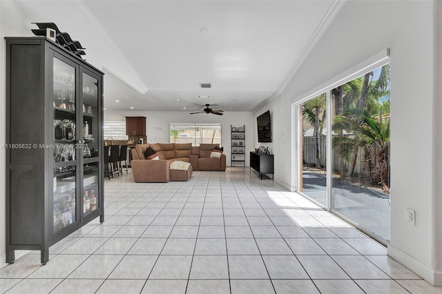 16401 SW 94th St, Miami, FL 33196 - living room with ornamental molding, ceiling fan, and light tile patterned floors