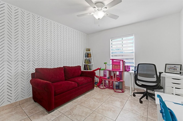 16401 SW 94th St, Miami, FL 33196 - office area featuring an accent wall, a ceiling fan, wallpapered walls, and light tile patterned floors