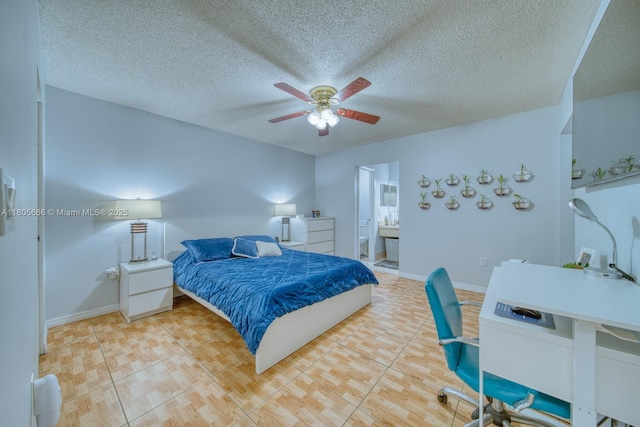6755 NW 199th St, Hialeah, FL 33015 - bedroom featuring tile patterned flooring, a textured ceiling, ceiling fan, baseboards, and ensuite bath